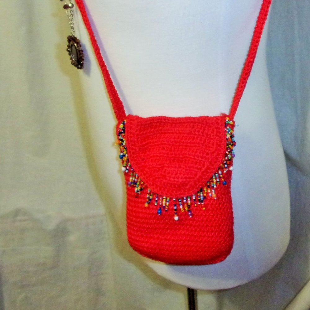Orange Crocheted Shoulder Cross Body Handbag Beaded Trim NWOT